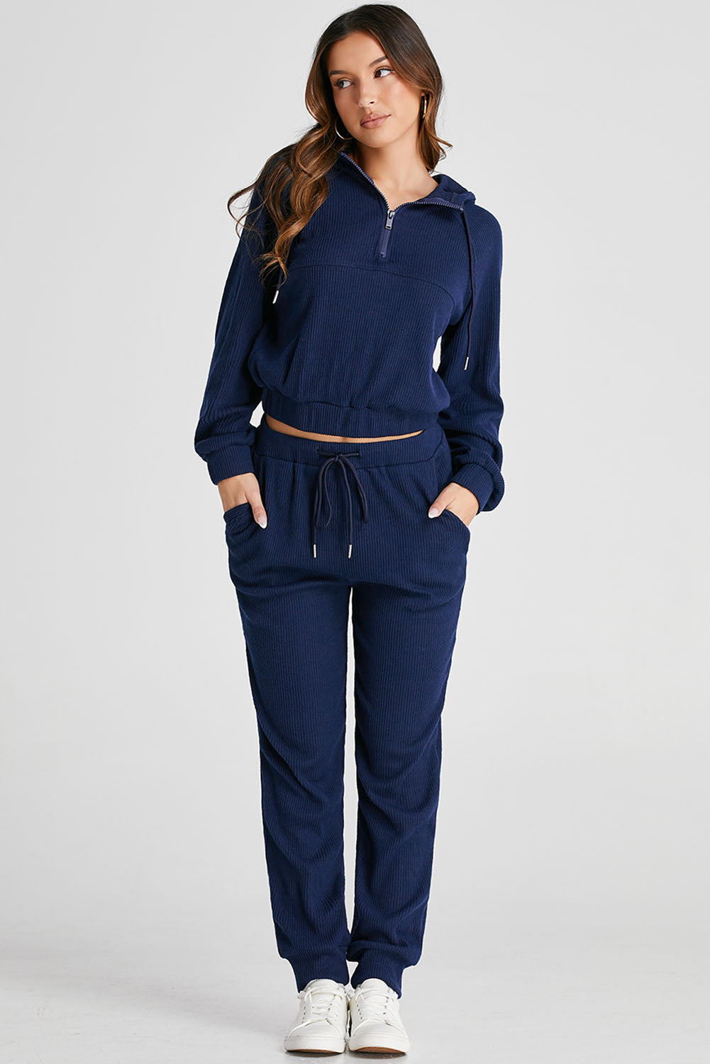 Navy Blue Ribbed Knit Cropped Hoodie and Drawstring Joggers Set PLUS AVAILIBLE SALE
