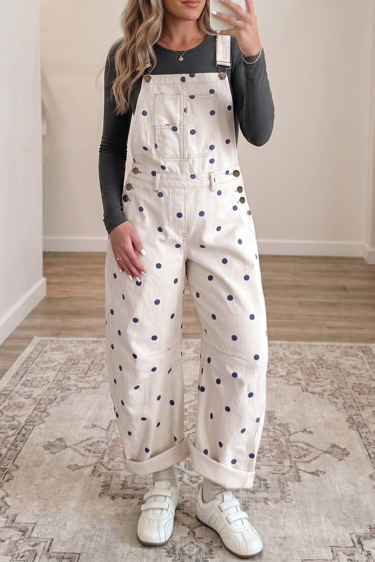 Light French Beige Polka Dot Print Bib Pocket Denim Barrel Overalls Jumpsuit SALE