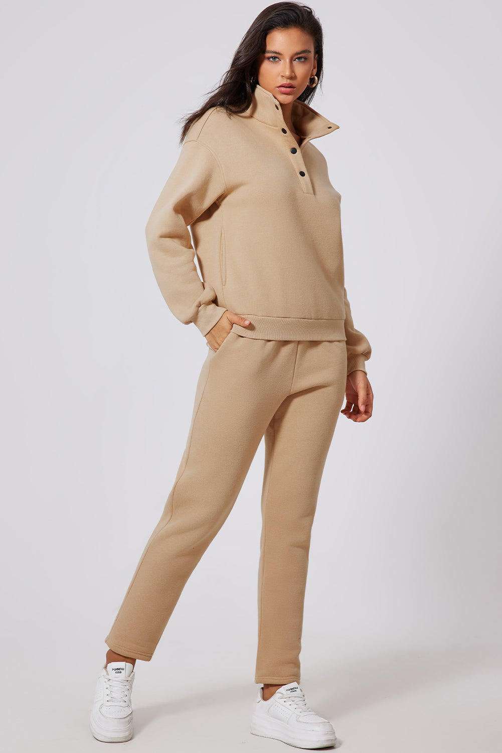 Parchment Solid Half Button Sweatshirt and High Waist Sweatpants Set PLUS AVAILIBLE SALE