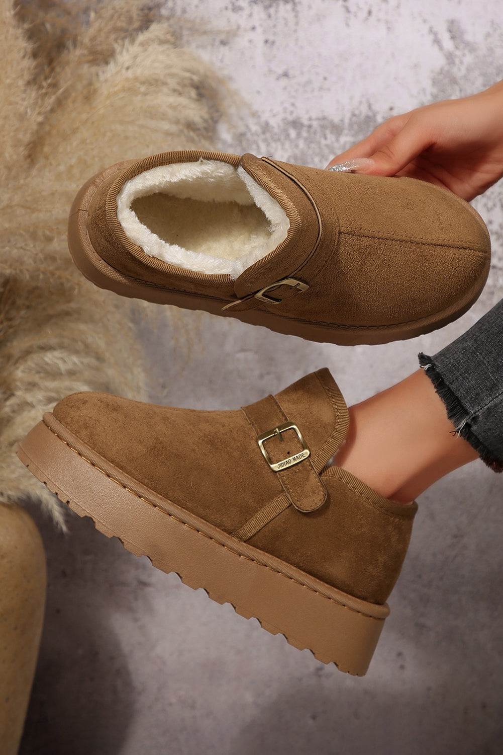 Coffee Buckle Detail Round Toe Platform Cozy Winter Boots SALE
