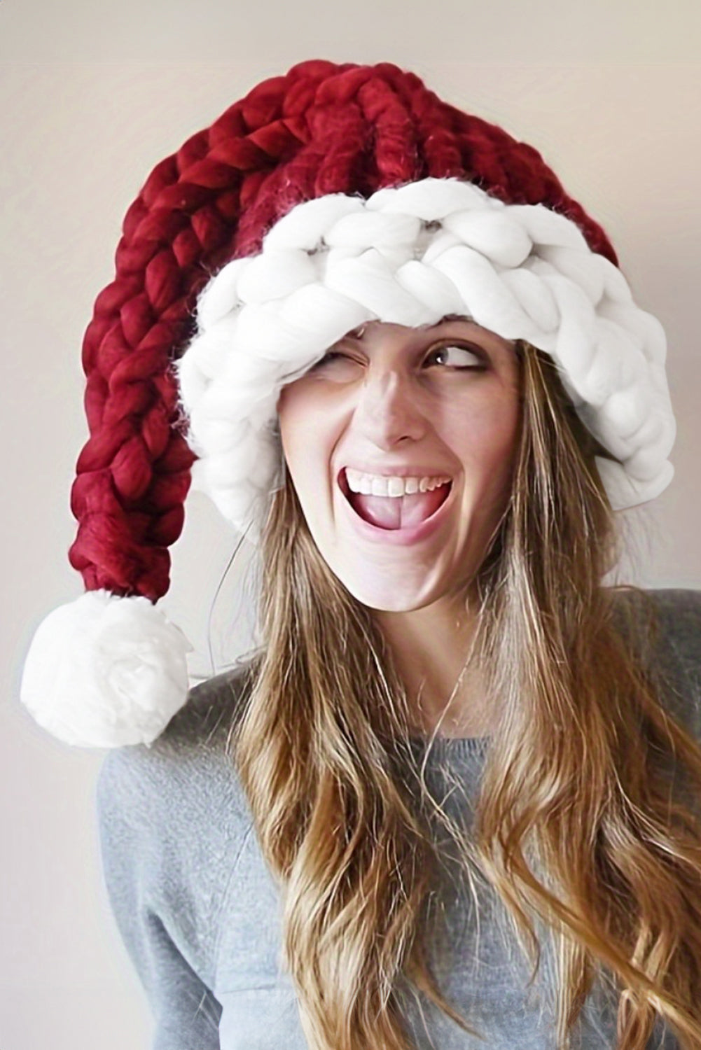 SALE Dearlove Red Dahlia Color Block Pom Pom Decor Chunky Knitted Christmas Hat