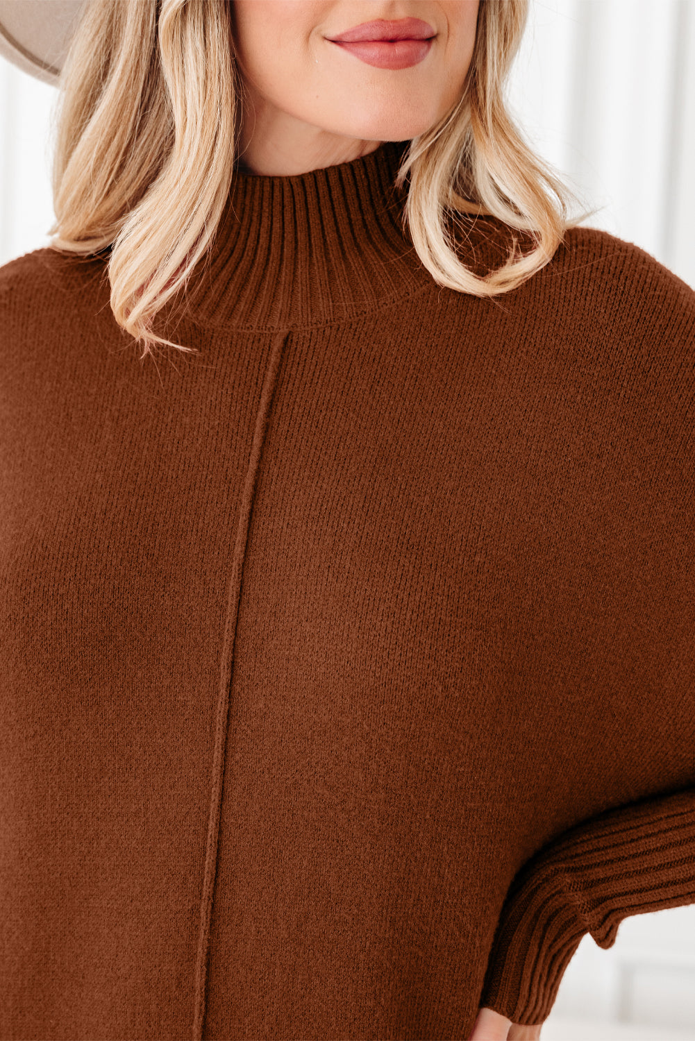 Chestnut Ribbed High Neck Front Pockets Center Seam Shift Sweater Dress SALE