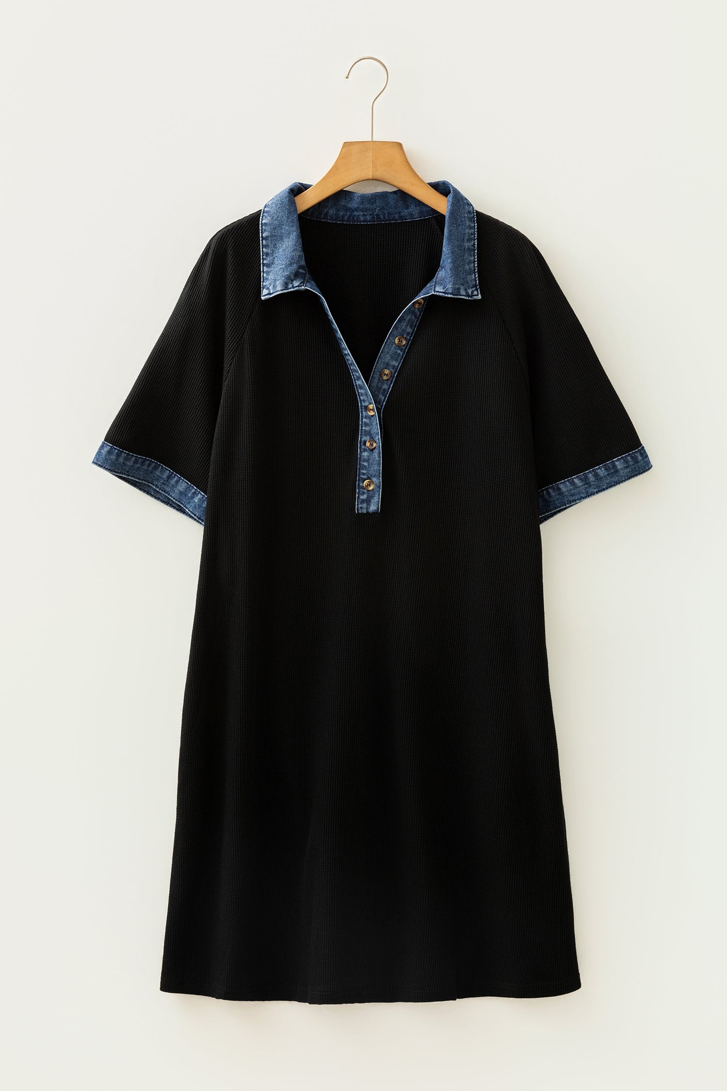 Black Colorblock Denim Collar Short Sleeve Plus Size Shift Dress SALE