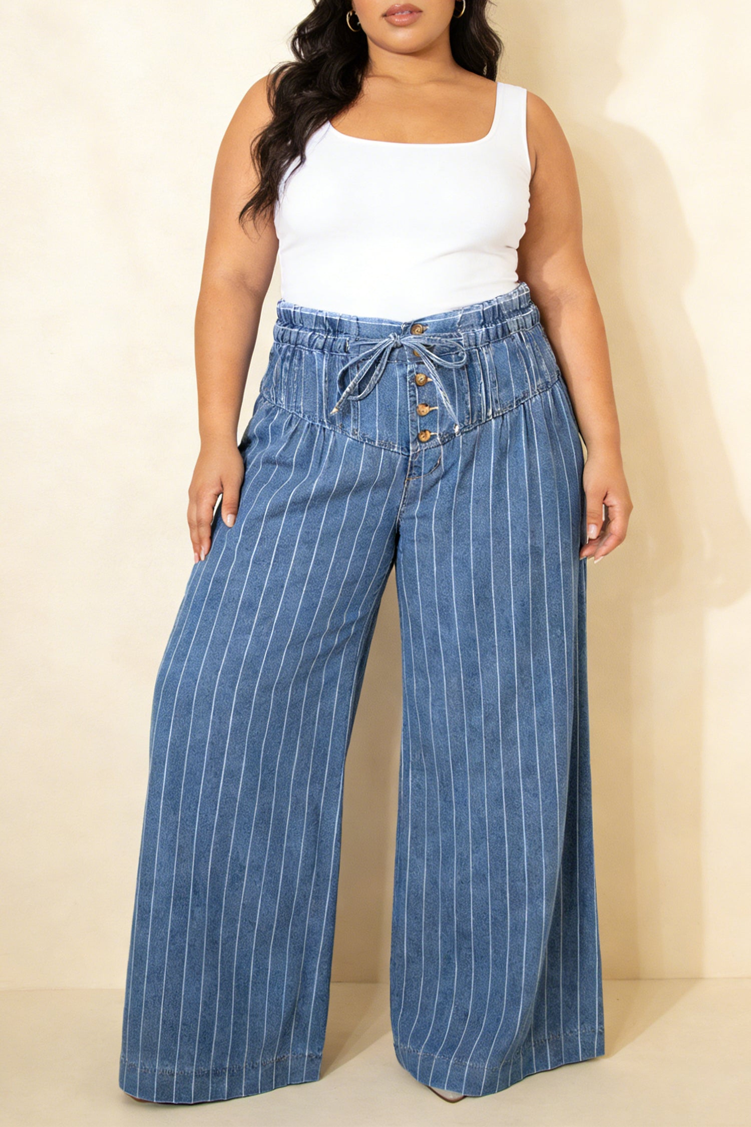 Sky Blue Stripe Plus Size Buttoned Loose Wide Leg Denim Pants SALE