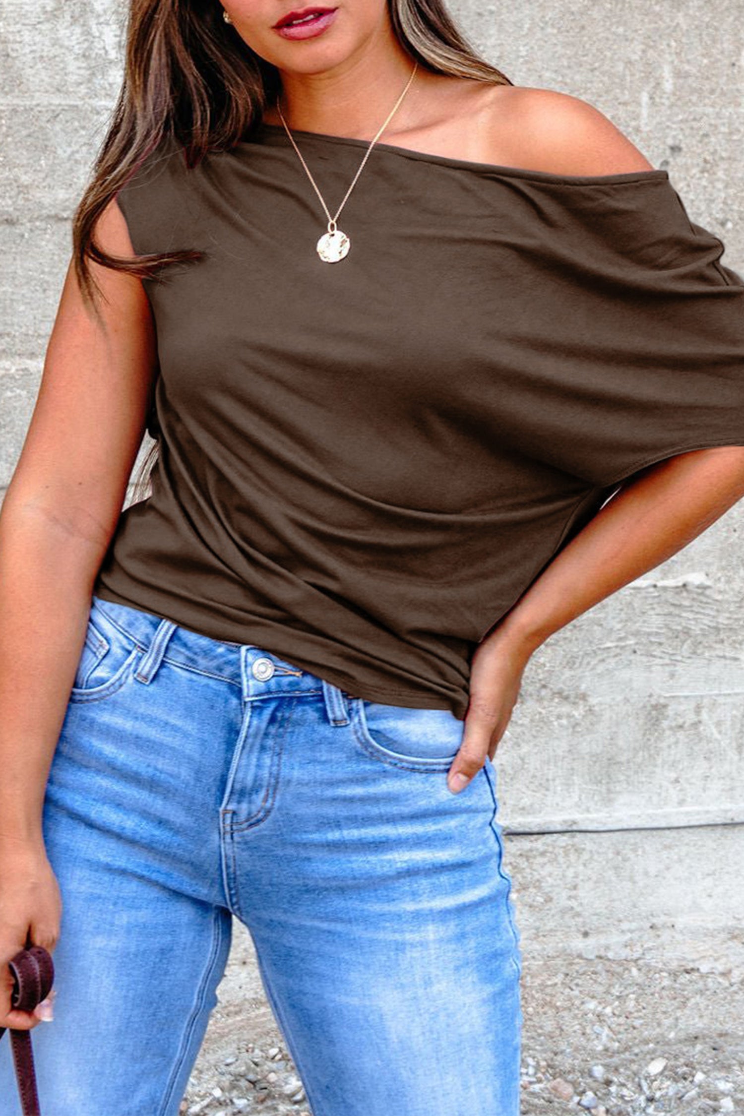 Coffee Plus Size Solid Color Asymmetric Neck Short Sleeve Blouse PLUS AVAILABLE