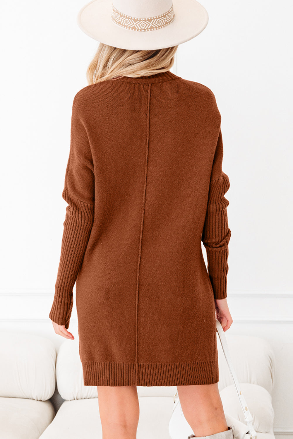 Chestnut Ribbed High Neck Front Pockets Center Seam Shift Sweater Dress SALE
