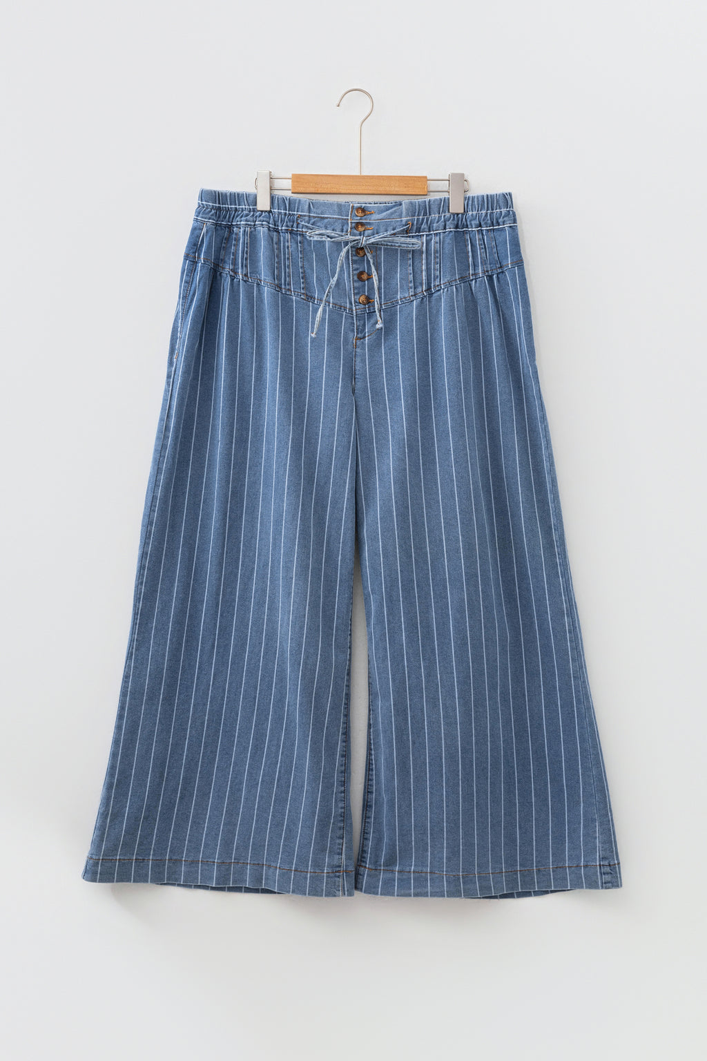 Sky Blue Stripe Plus Size Buttoned Loose Wide Leg Denim Pants SALE