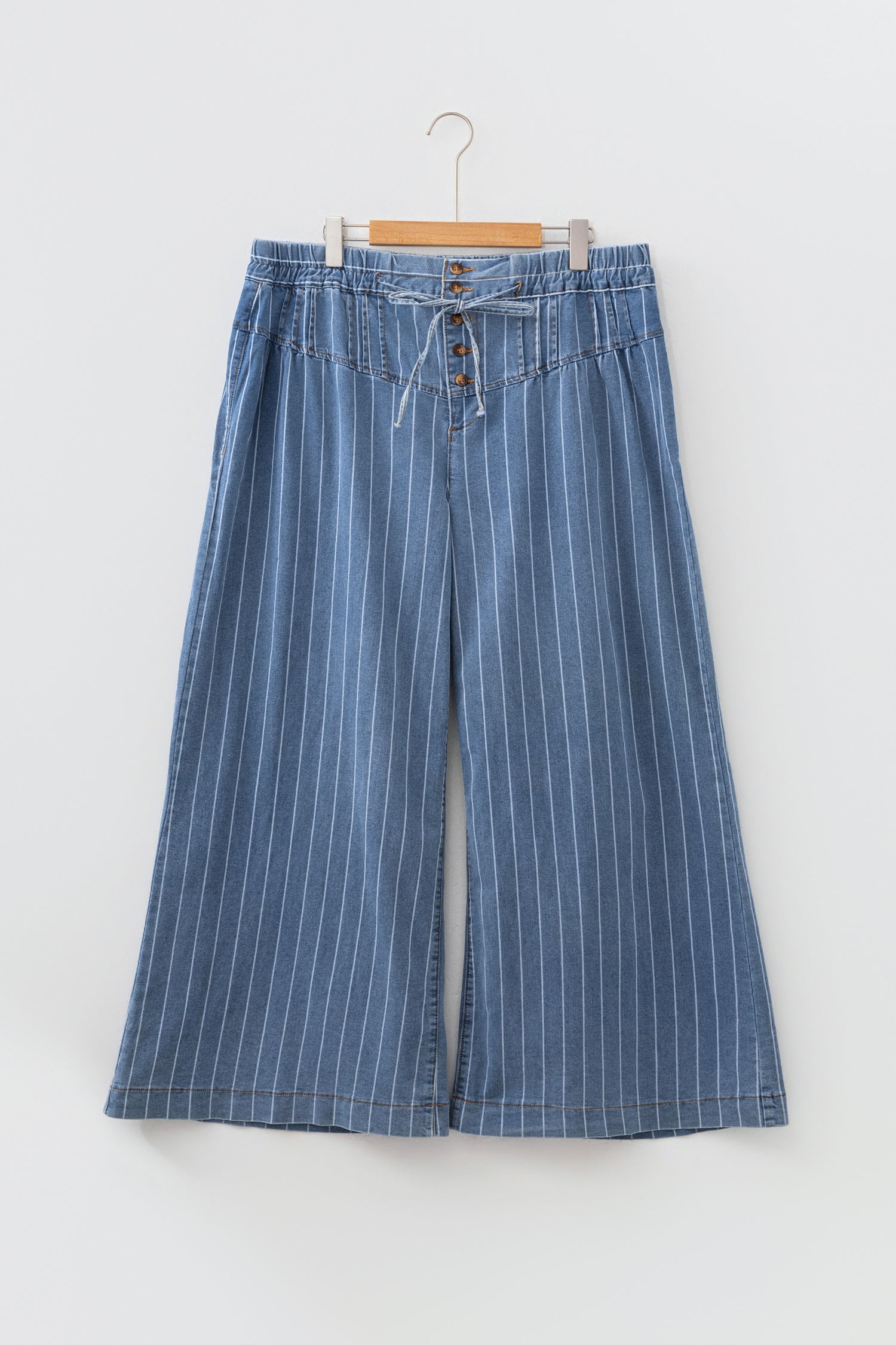 Sky Blue Stripe Plus Size Buttoned Loose Wide Leg Denim Pants SALE
