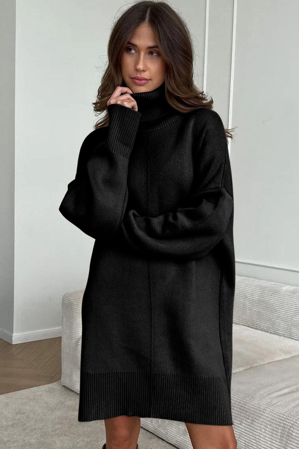 Black Solid Color Turtleneck Drop Shoulder Loose Sweater Dress PLUS AVAILIBLE SALE