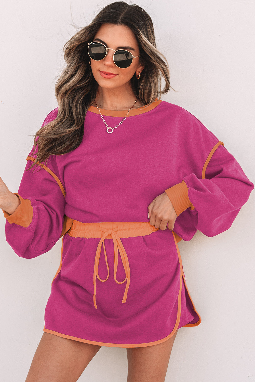 Black Color Contrast Loose Pullover and Lace-up Waist Skort Set PLUS AVAILABLE