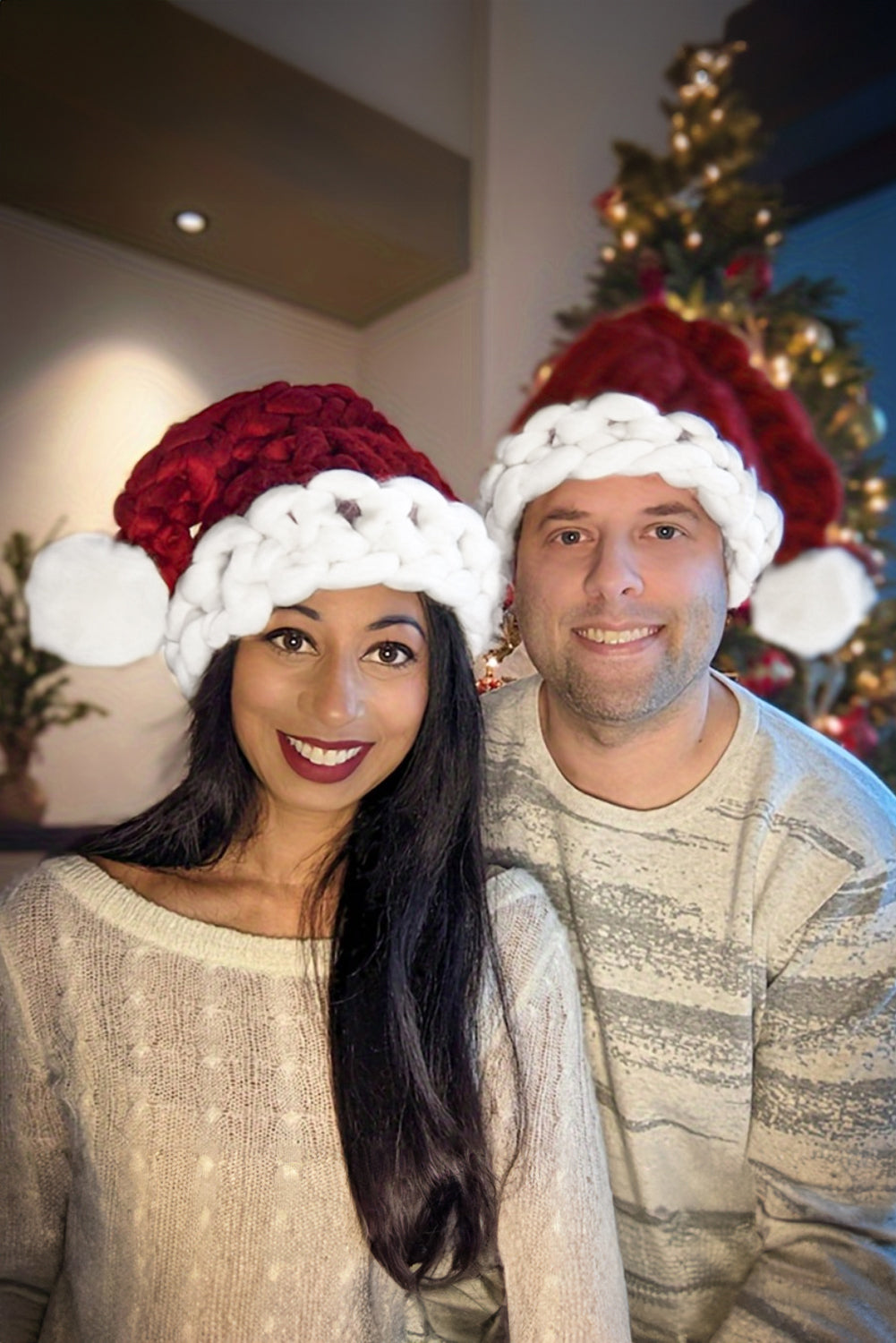 SALE Dearlove Red Dahlia Color Block Pom Pom Decor Chunky Knitted Christmas Hat