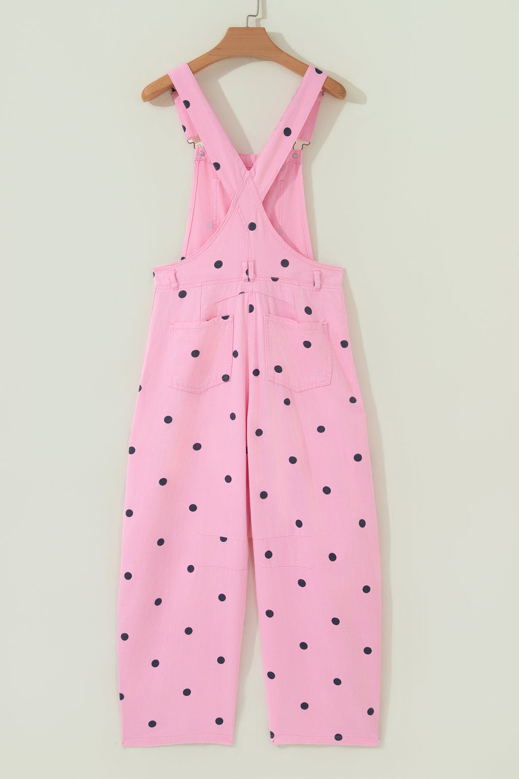 Light French Beige Polka Dot Print Bib Pocket Denim Barrel Overalls Jumpsuit SALE