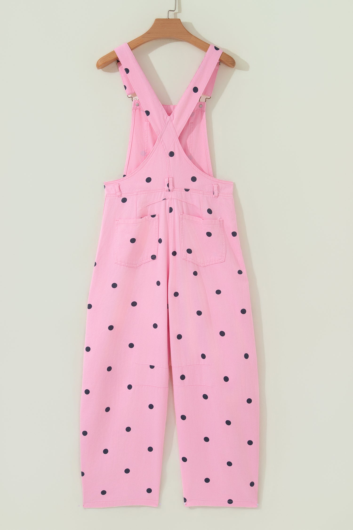 Light French Beige Polka Dot Print Bib Pocket Denim Barrel Overalls Jumpsuit SALE