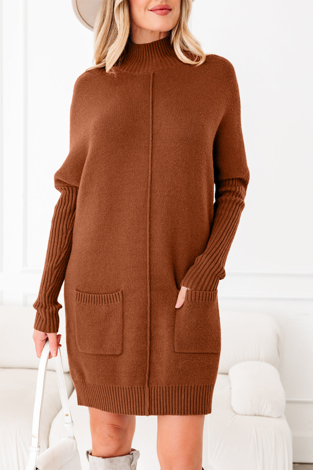 Chestnut Ribbed High Neck Front Pockets Center Seam Shift Sweater Dress SALE