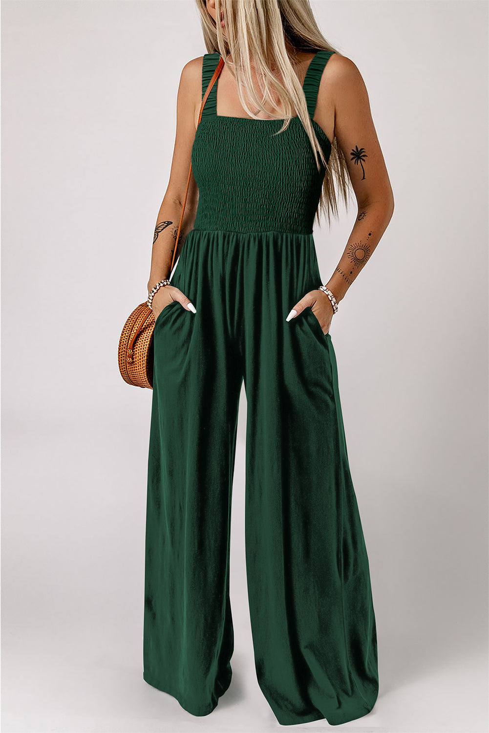 Green Smocked Sleeveless Wide Leg Jumpsuit with Pockets PLUS AVAILABLE