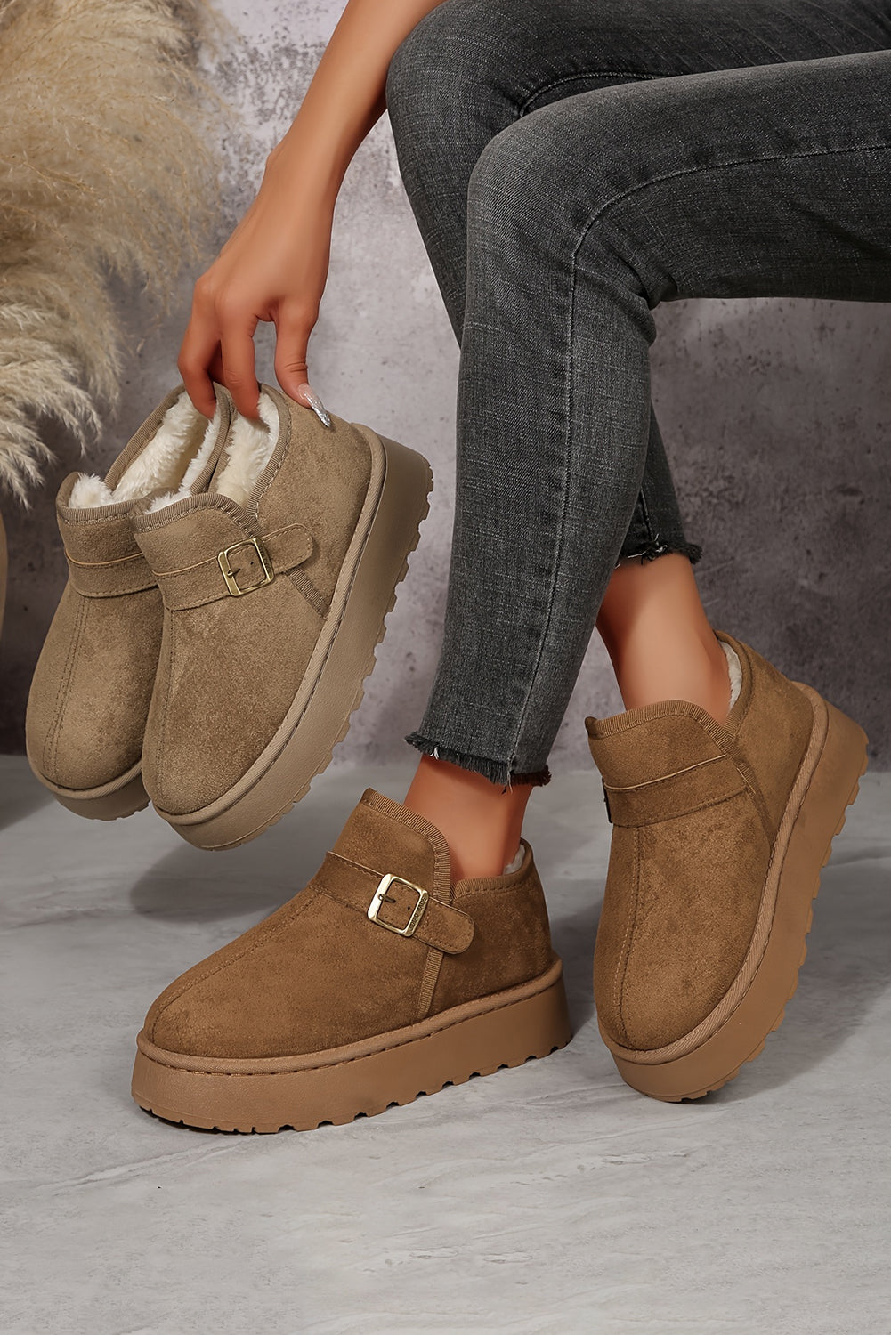 Coffee Buckle Detail Round Toe Platform Cozy Winter Boots SALE