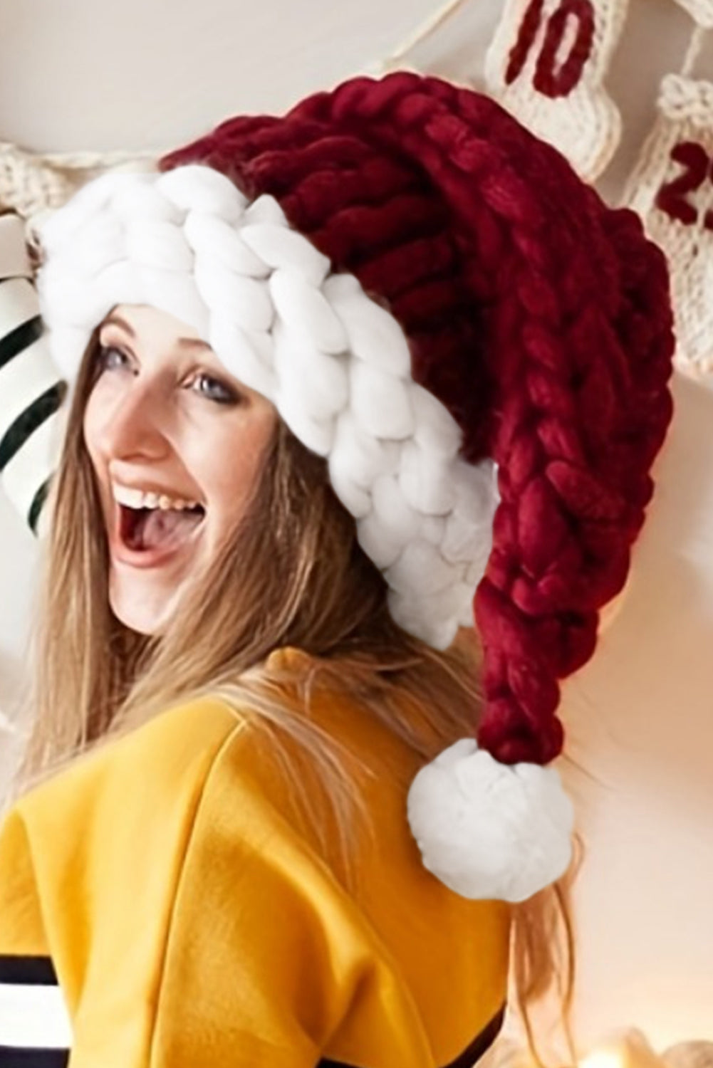 SALE Dearlove Red Dahlia Color Block Pom Pom Decor Chunky Knitted Christmas Hat