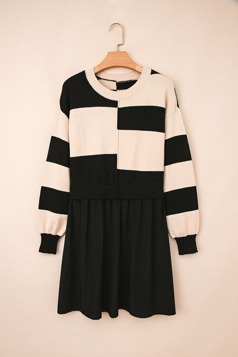 Black Stripe Two in One Knitted Top High Waist Splicing Hem Sweater Dress SALE