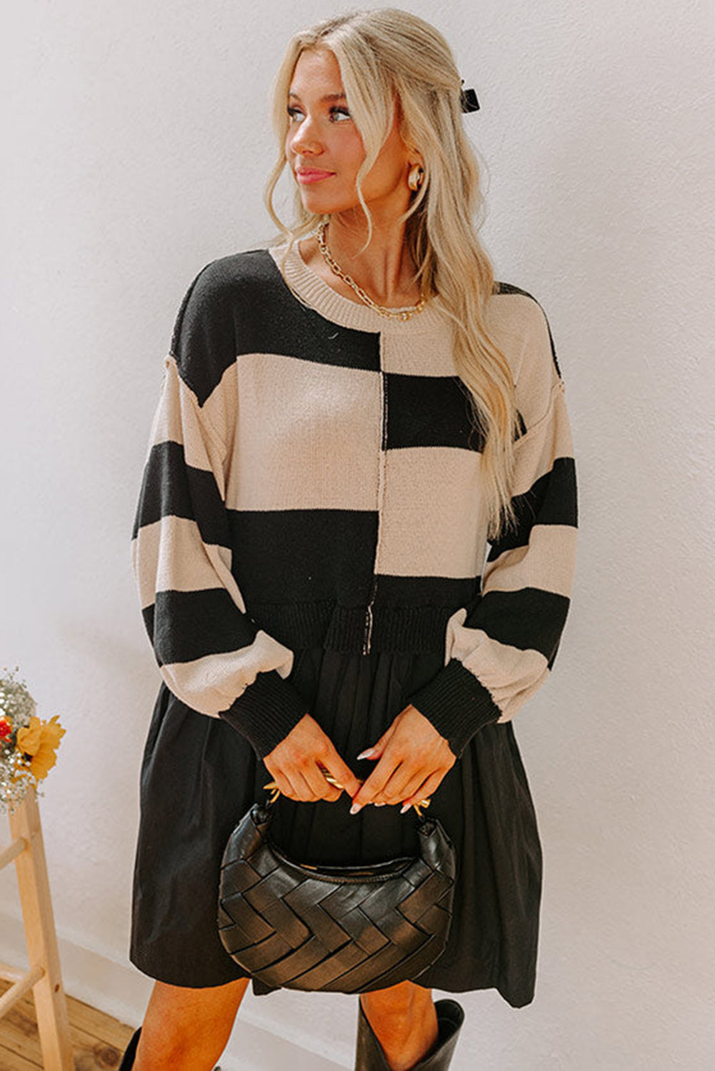 Black Stripe Two in One Knitted Top High Waist Splicing Hem Sweater Dress SALE