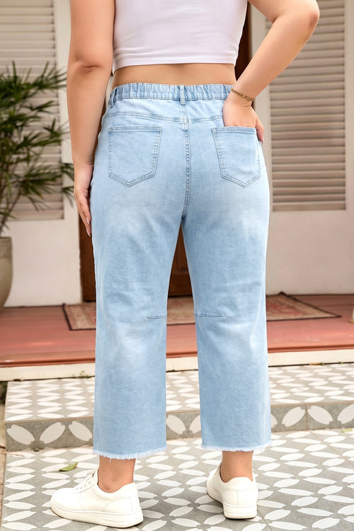 Beau Blue Plus Size Seam Detail Patch Pocket Raw Cut Shift Jeans SALE