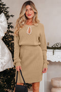 Smoke Gray Pearl Embellished Keyhole Ribbed Sweater Dress SALE