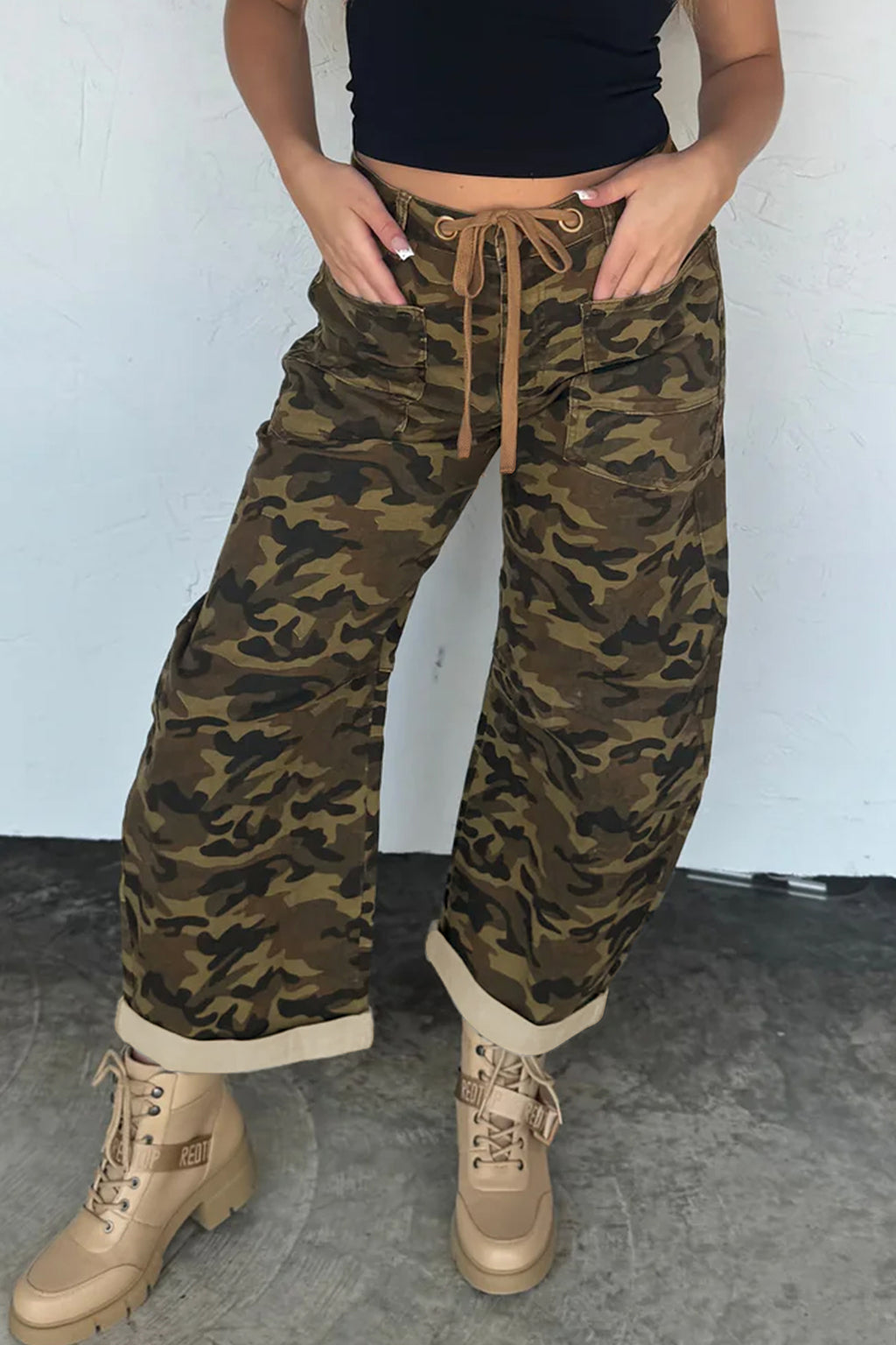Multicolour Camouflage Print Retro Grommet Tie Waist Loose Jeans SALE