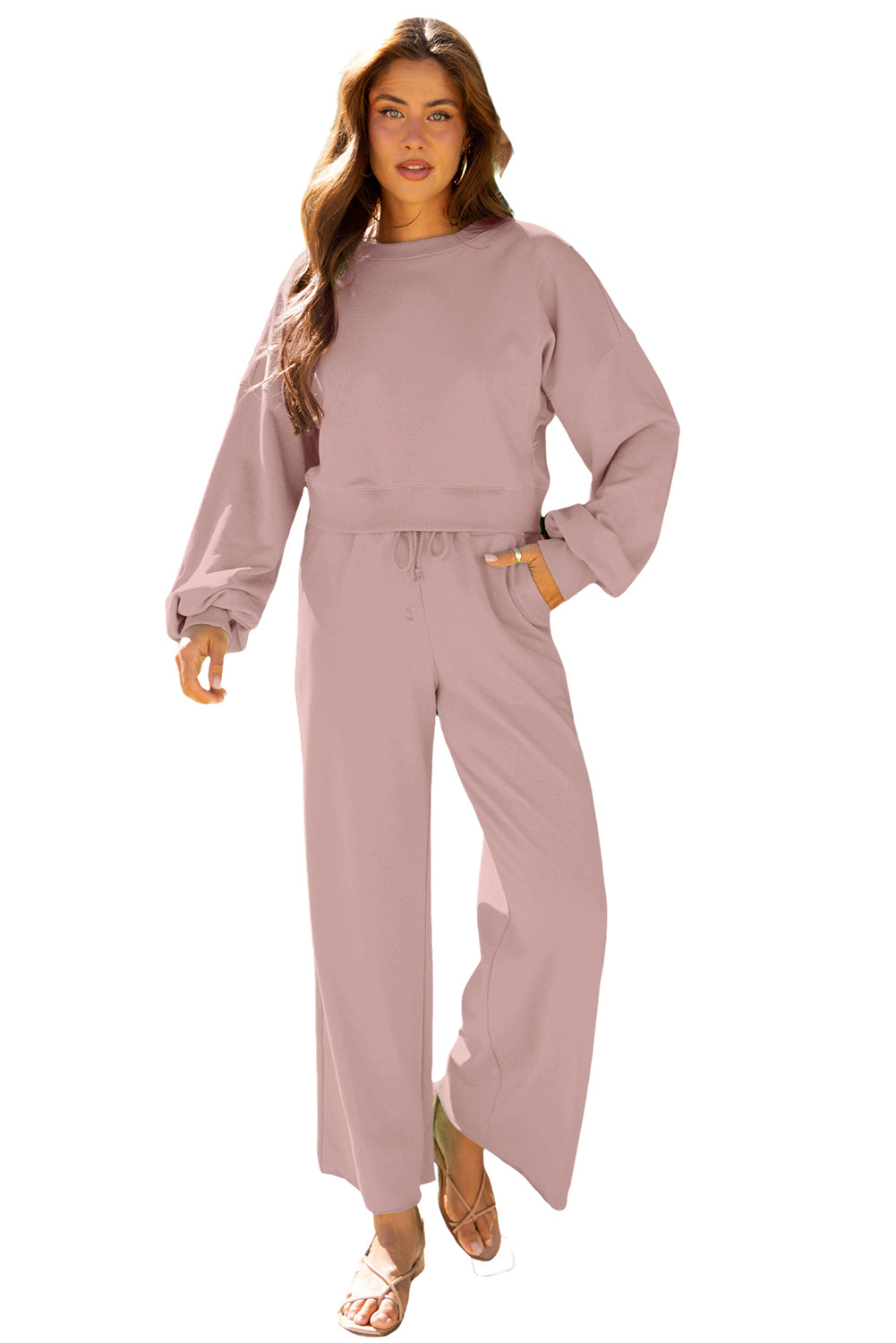 Yellow Cream Drop Shoulder Puff Sleeve Crop Pullover Drawstring Wide Leg Pants Set