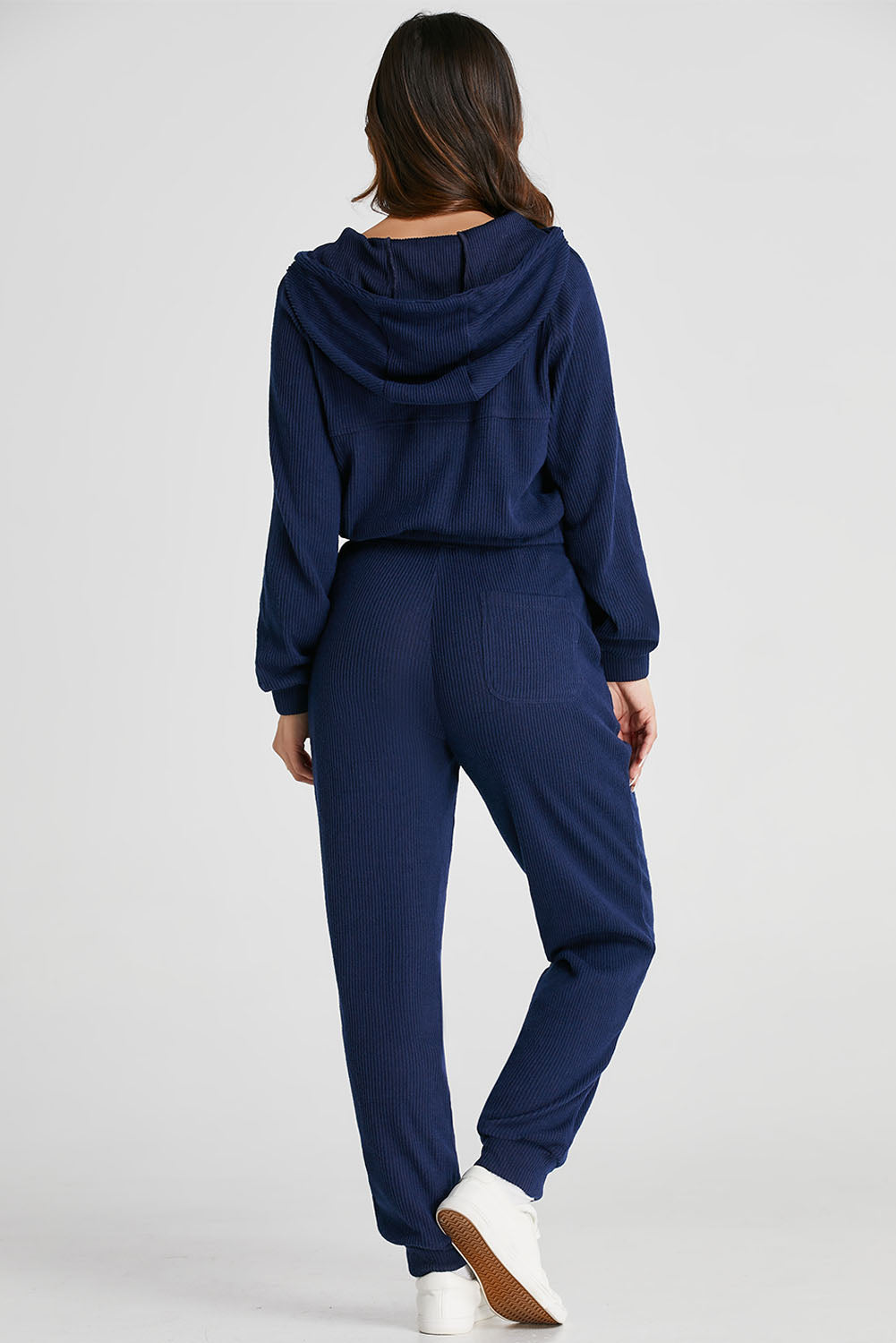 Navy Blue Ribbed Knit Cropped Hoodie and Drawstring Joggers Set PLUS AVAILIBLE SALE