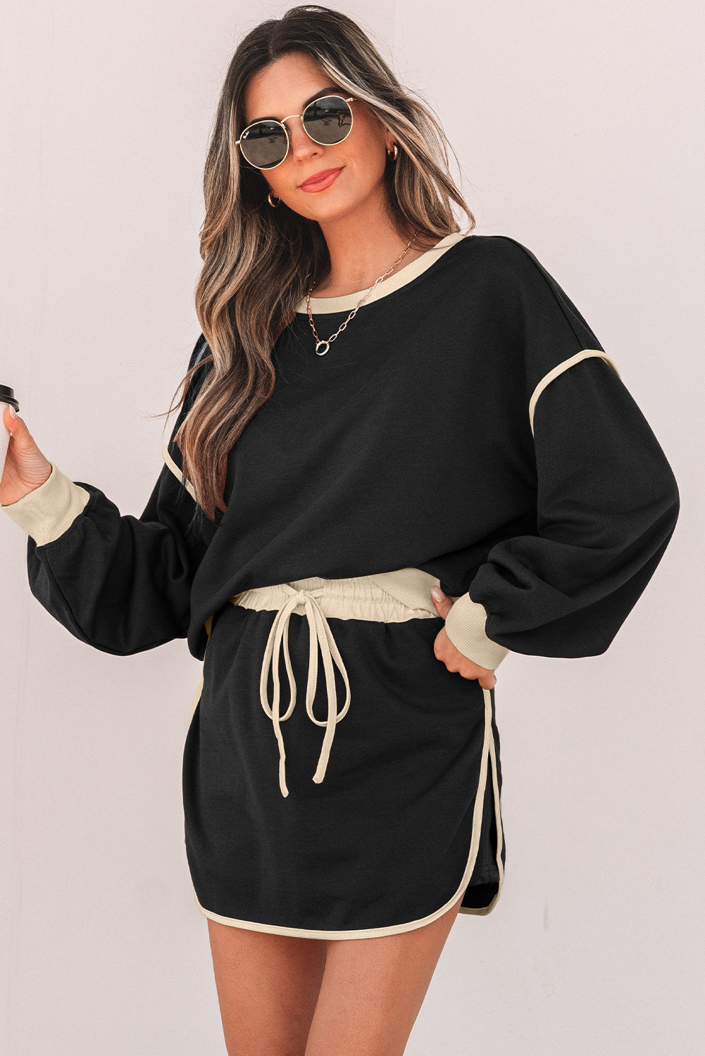 Black Color Contrast Loose Pullover and Lace-up Waist Skort Set PLUS AVAILABLE