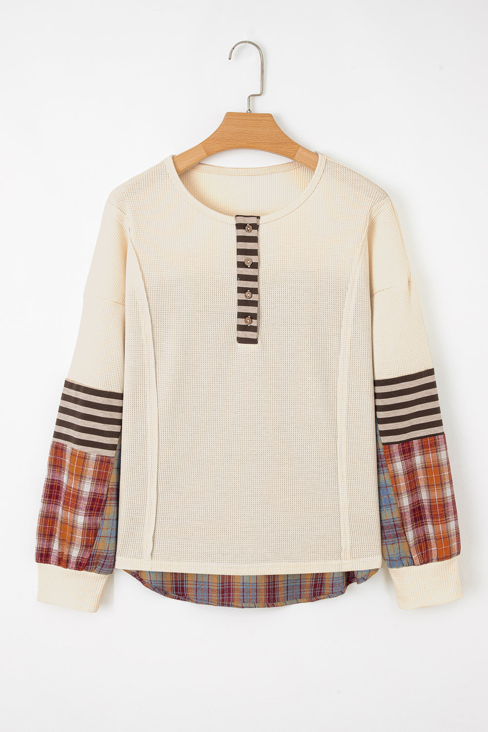 Straw Yellow Waffle Stripe Plaid Patchwork Henley Knit Top SALE