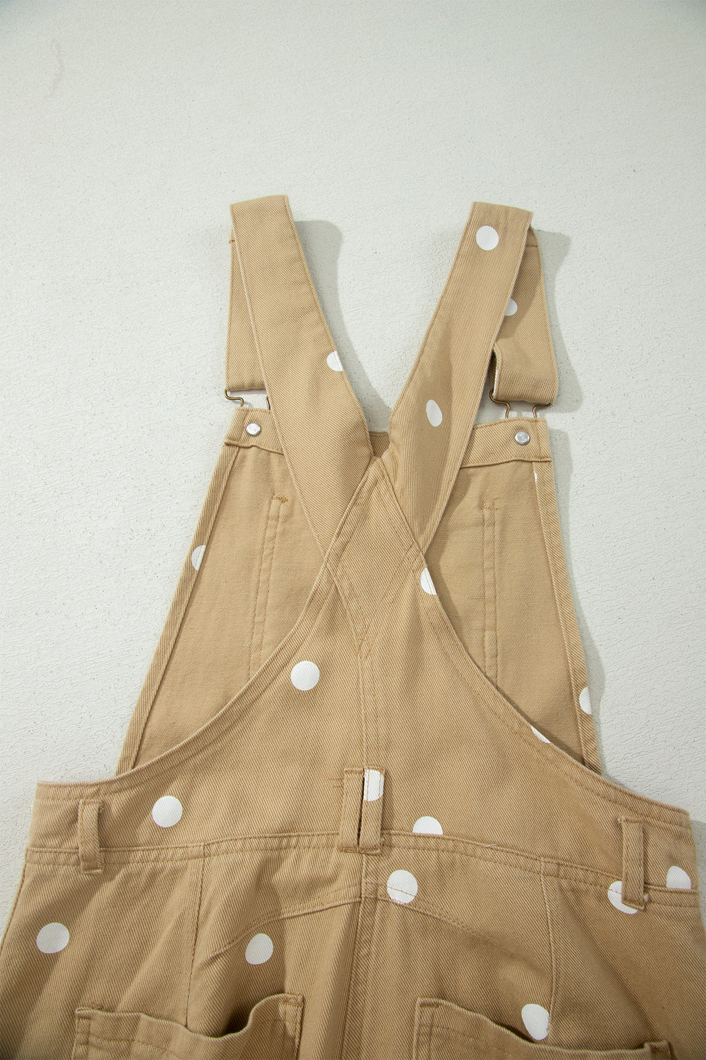 Light French Beige Polka Dot Print Bib Pocket Denim Barrel Overalls Jumpsuit SALE