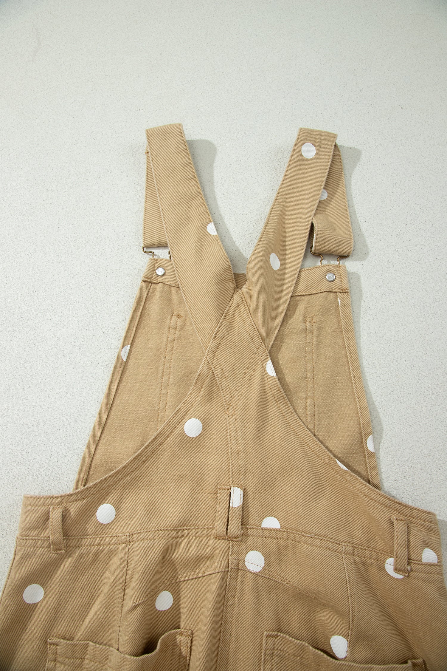 Light French Beige Polka Dot Print Bib Pocket Denim Barrel Overalls Jumpsuit SALE
