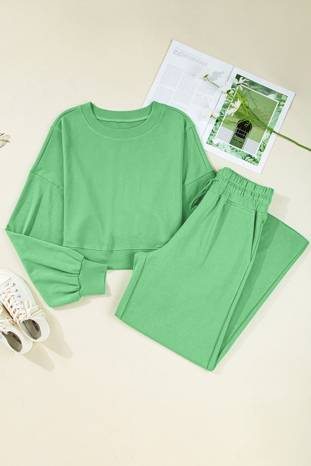 Yellow Cream Drop Shoulder Puff Sleeve Crop Pullover Drawstring Wide Leg Pants Set