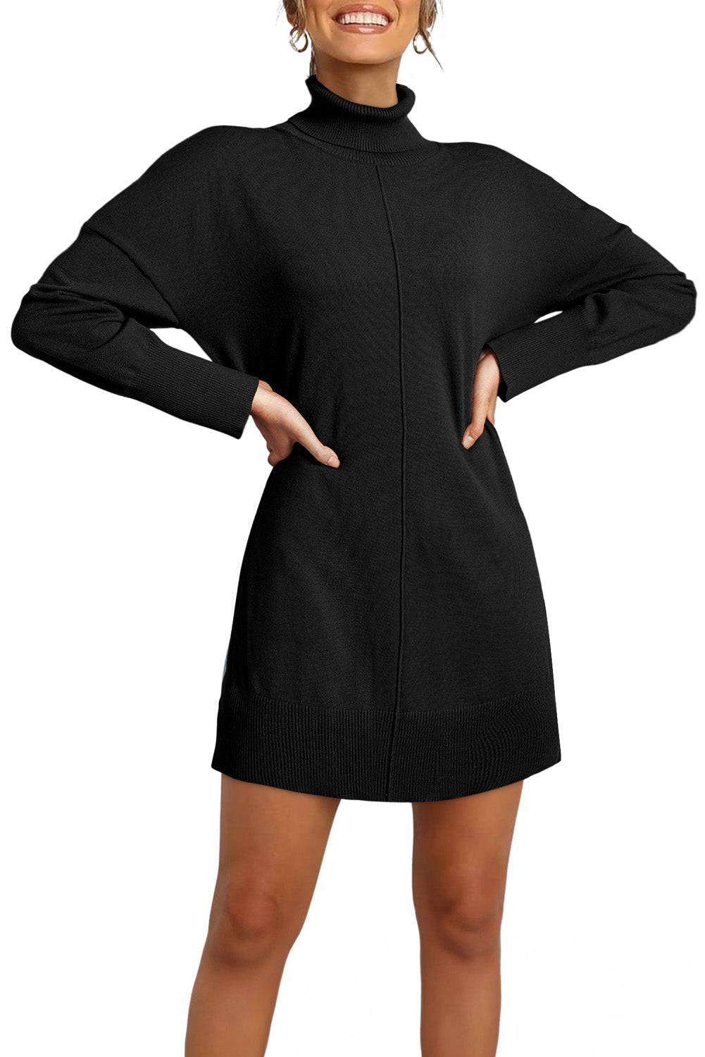 Black Solid Color Turtleneck Drop Shoulder Loose Sweater Dress PLUS AVAILIBLE SALE