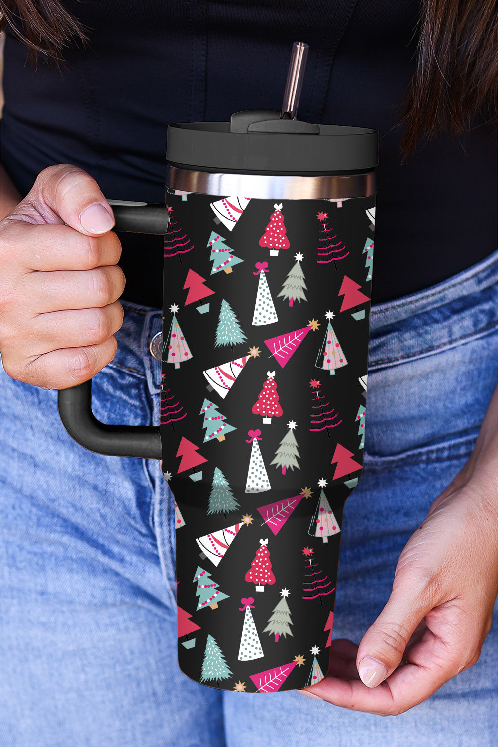SALE Black Cartoon Christmas Tree Printed Thermos Cup 40oz