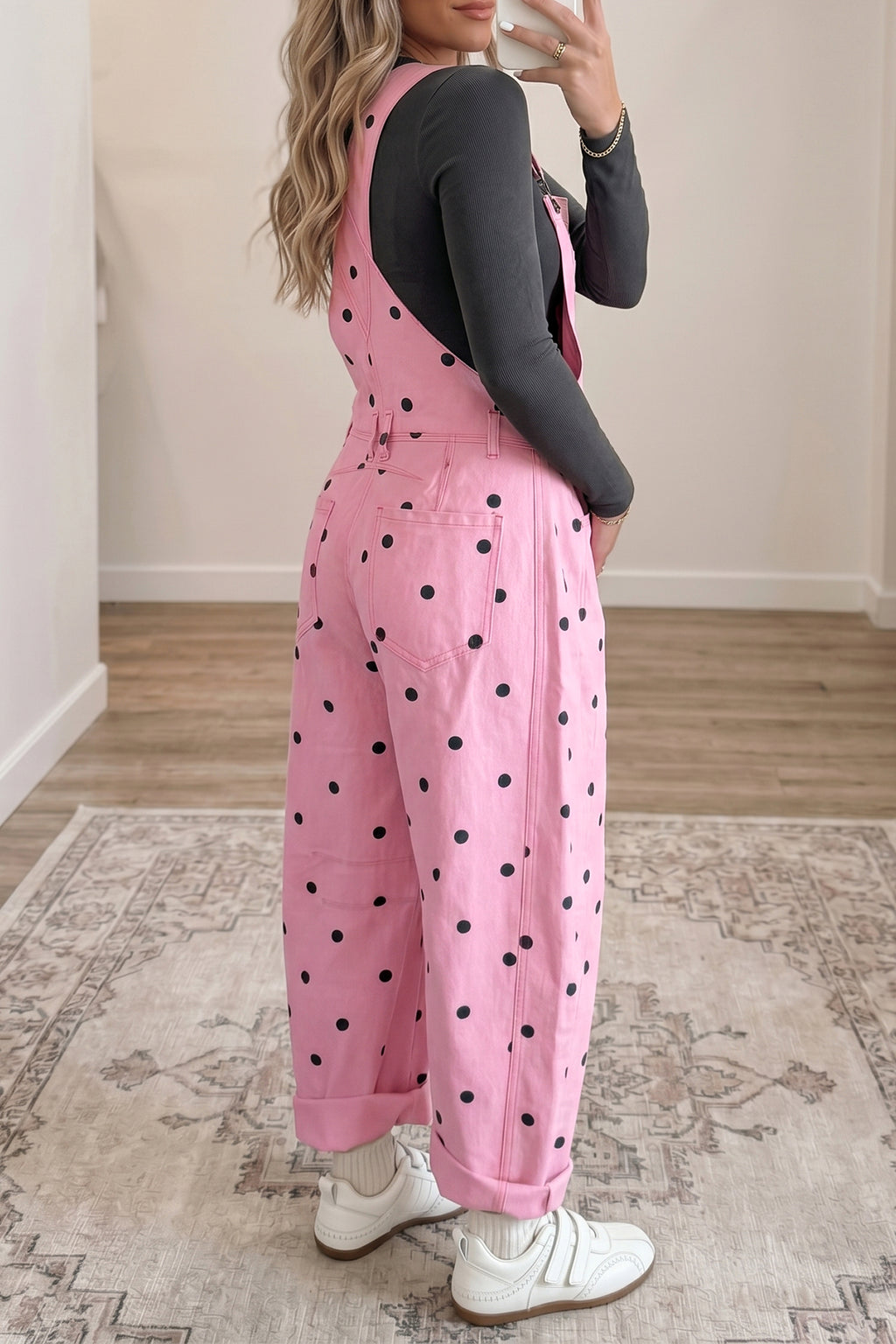 Light French Beige Polka Dot Print Bib Pocket Denim Barrel Overalls Jumpsuit SALE