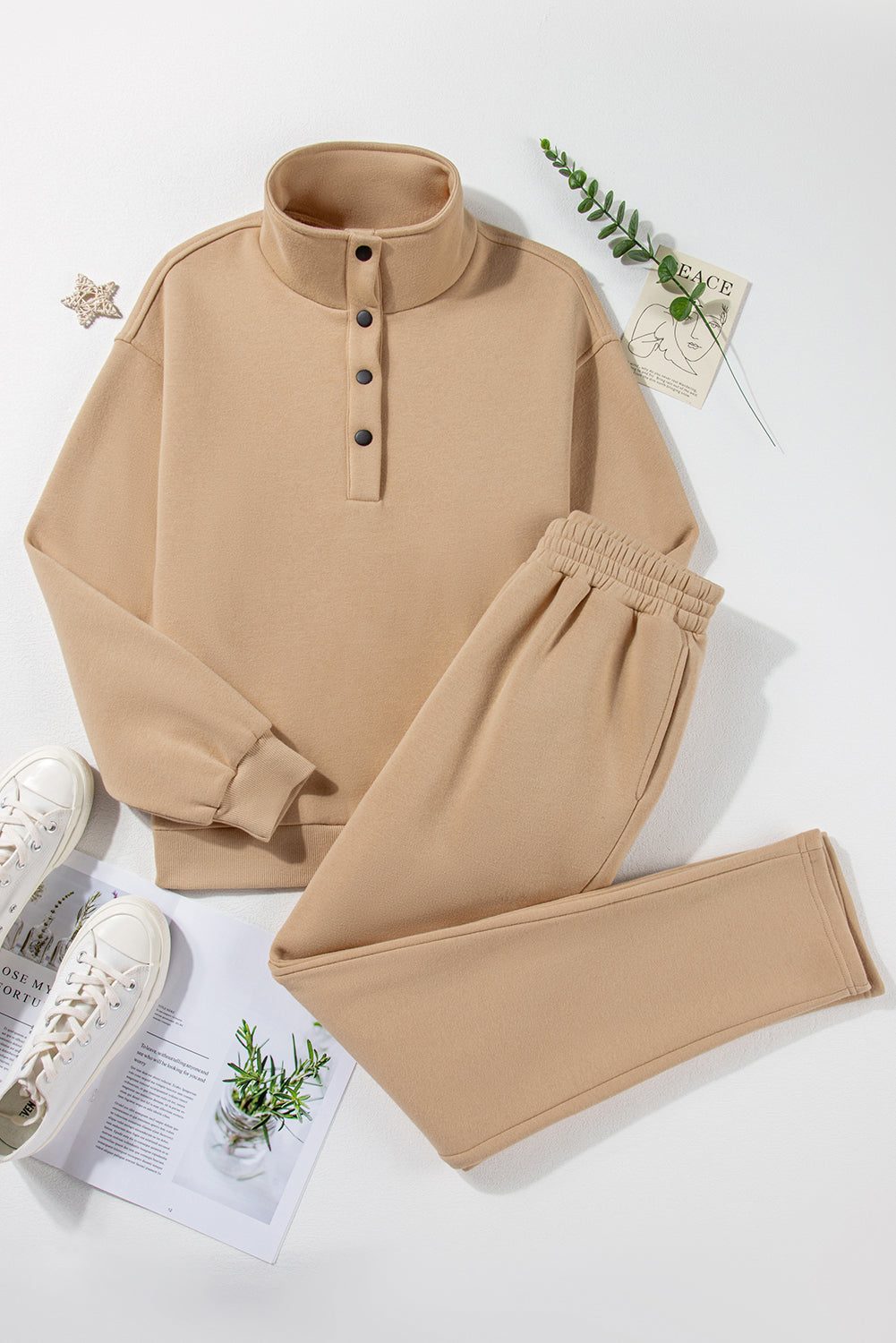 Parchment Solid Half Button Sweatshirt and High Waist Sweatpants Set PLUS AVAILIBLE SALE