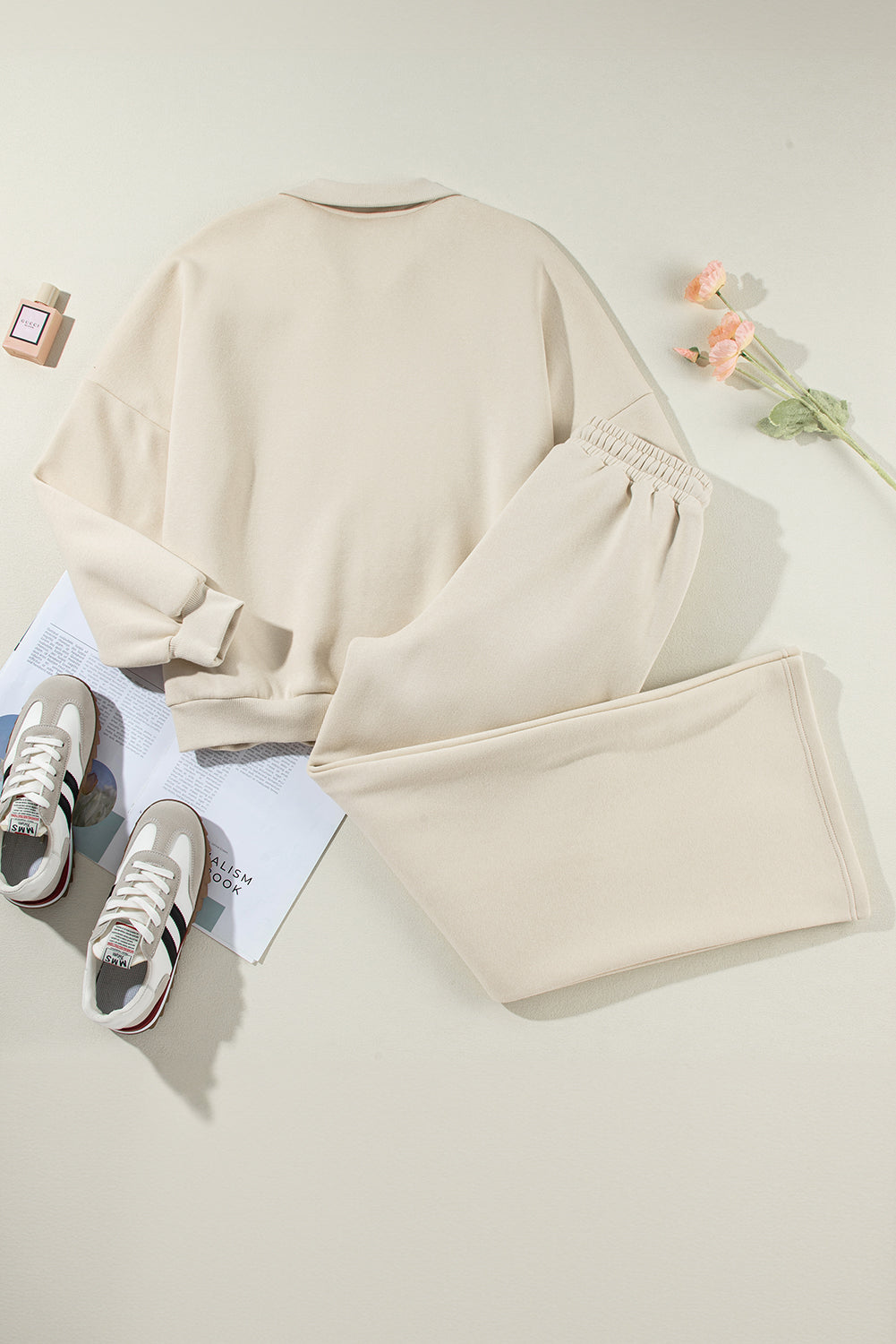 Beige Drop Shoulder Zip Up Jacket Drawstring Pants Active 2pcs Set