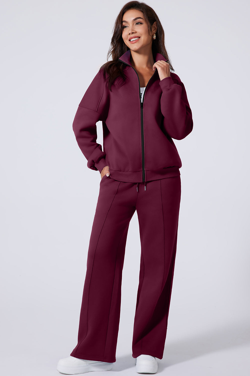 Burgundy Drop Shoulder Zip Up Jacket Drawstring Pants Active 2pcs Set PLUS AVAILIBLE SALE