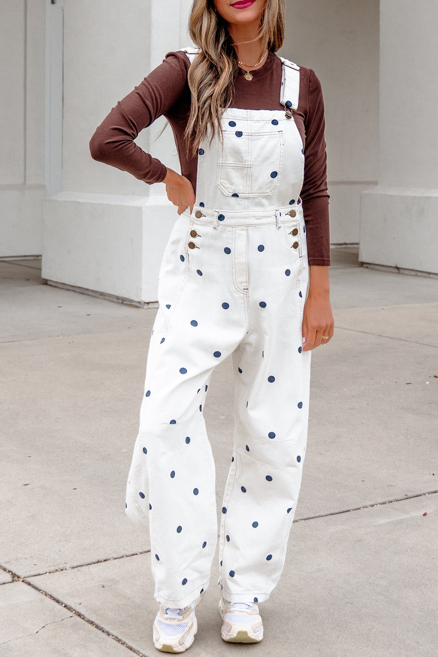 Light French Beige Polka Dot Print Bib Pocket Denim Barrel Overalls Jumpsuit SALE