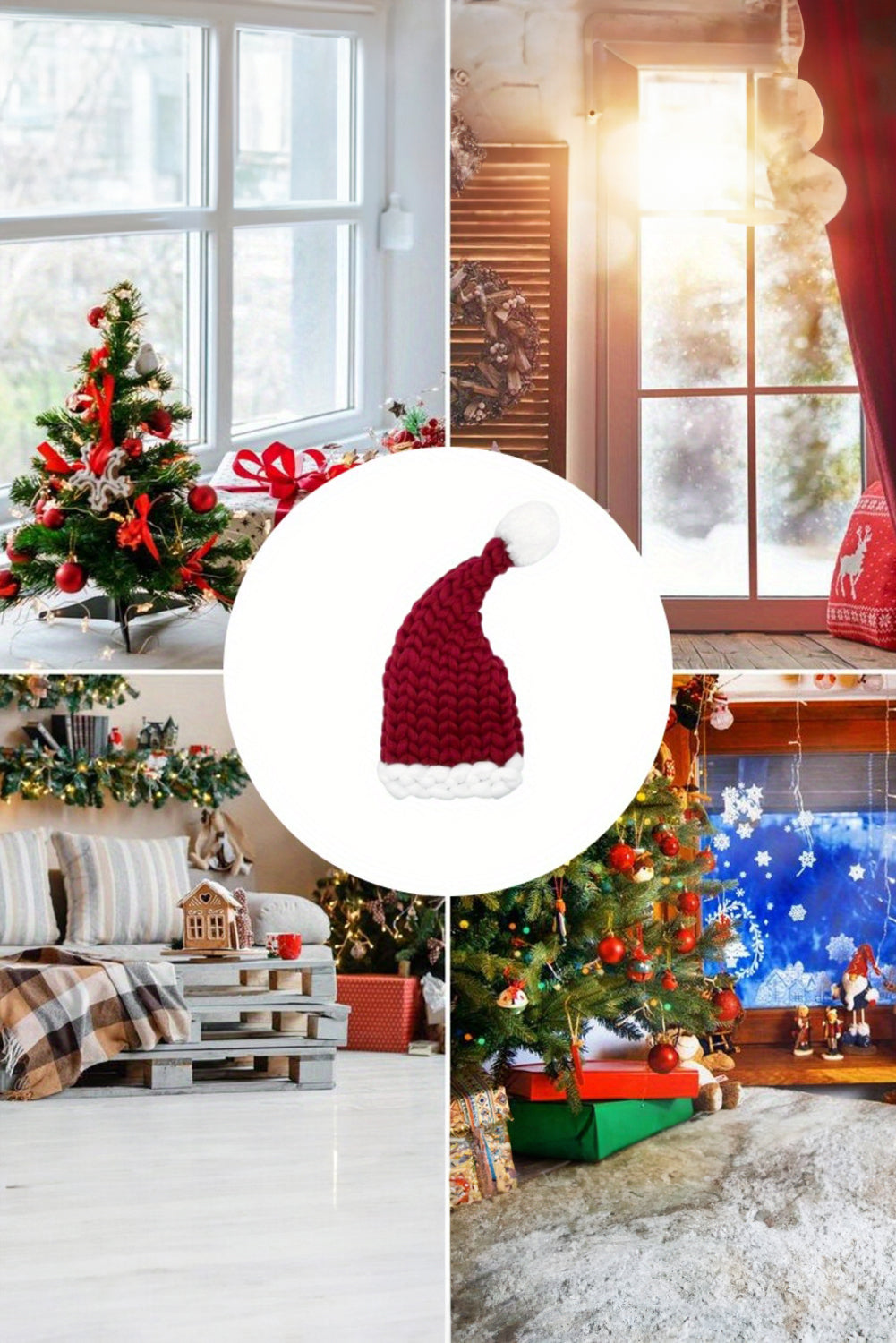 SALE Dearlove Red Dahlia Color Block Pom Pom Decor Chunky Knitted Christmas Hat