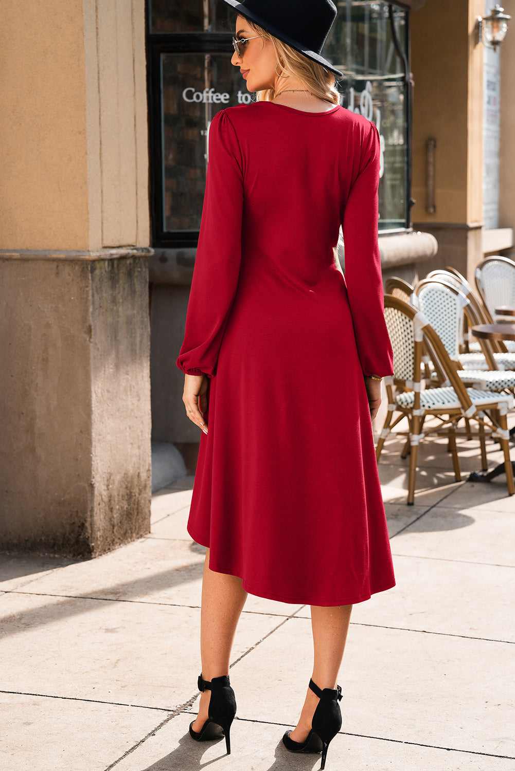 SALE Fiery Red Solid Color Ruched Detail Long Sleeve Midi Dress PLUS AVAILABLE