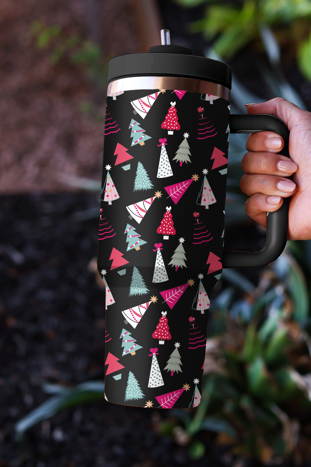 SALE Black Cartoon Christmas Tree Printed Thermos Cup 40oz