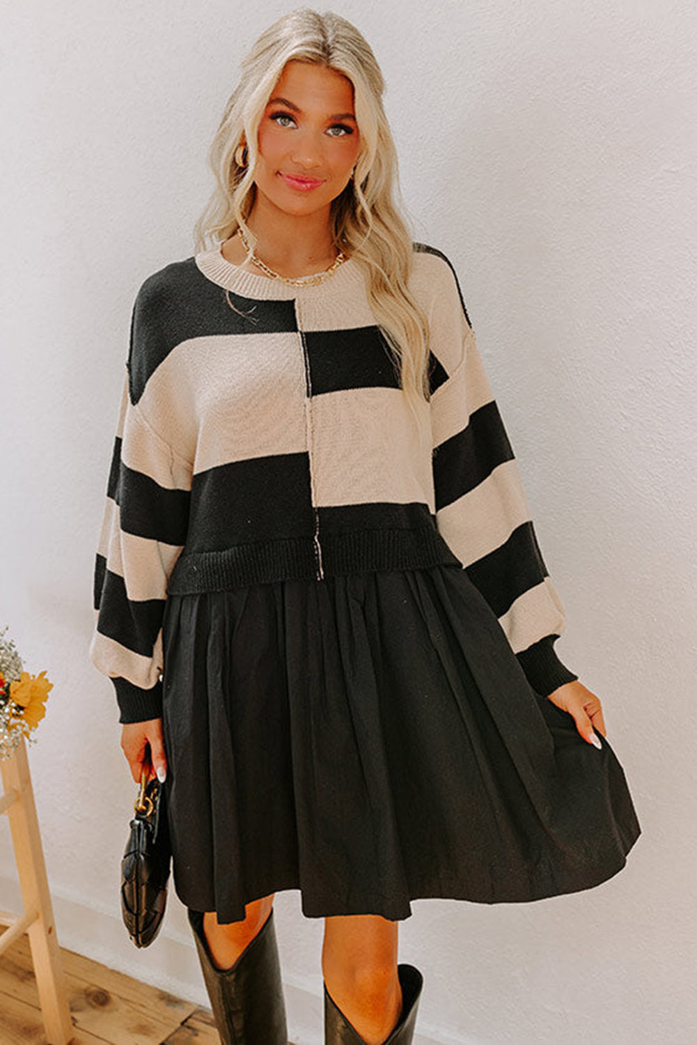 Black Stripe Two in One Knitted Top High Waist Splicing Hem Sweater Dress SALE