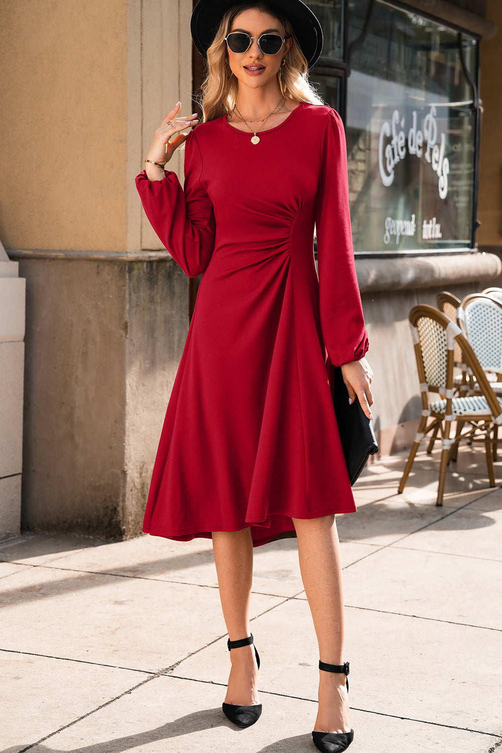 SALE Fiery Red Solid Color Ruched Detail Long Sleeve Midi Dress PLUS AVAILABLE