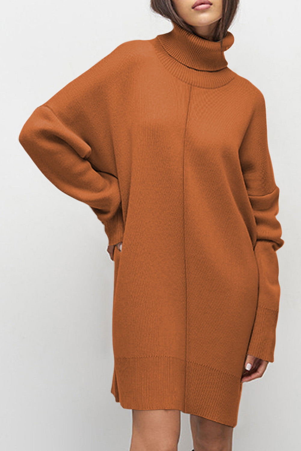 Gold Flame Solid Color Turtleneck Drop Shoulder Loose Sweater Dress PLUS AVAILABLE SALE
