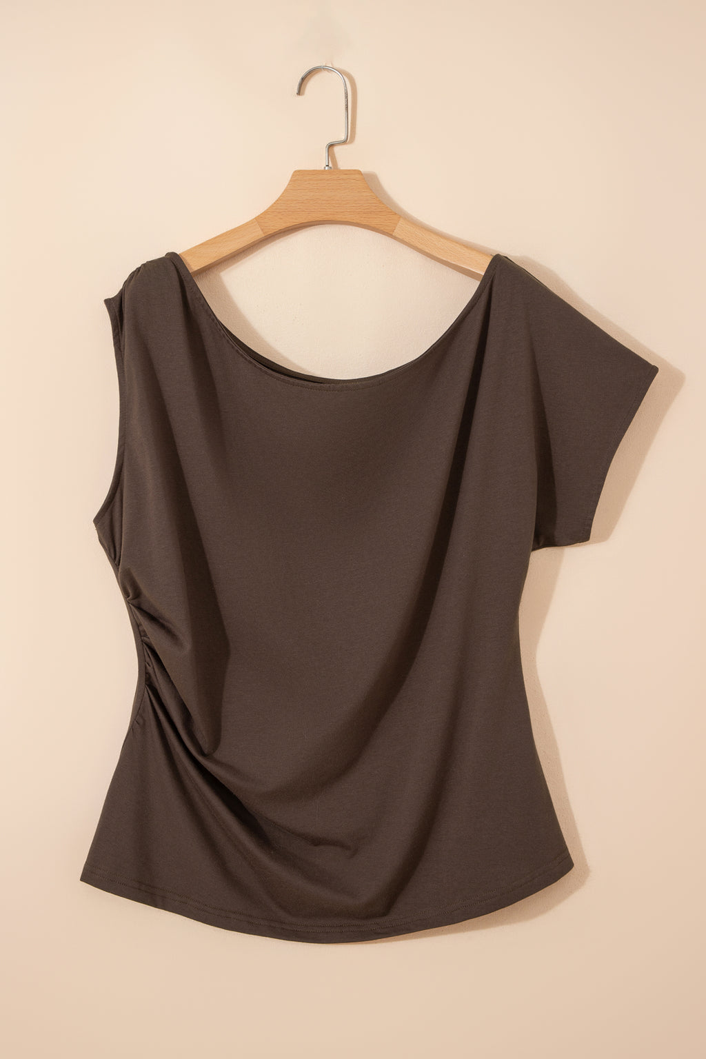Coffee Plus Size Solid Color Asymmetric Neck Short Sleeve Blouse PLUS AVAILABLE