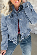 Beau Blue Ruffle Raw Hem Flap Pockets Denim Jacket PLUS AVAILABLE