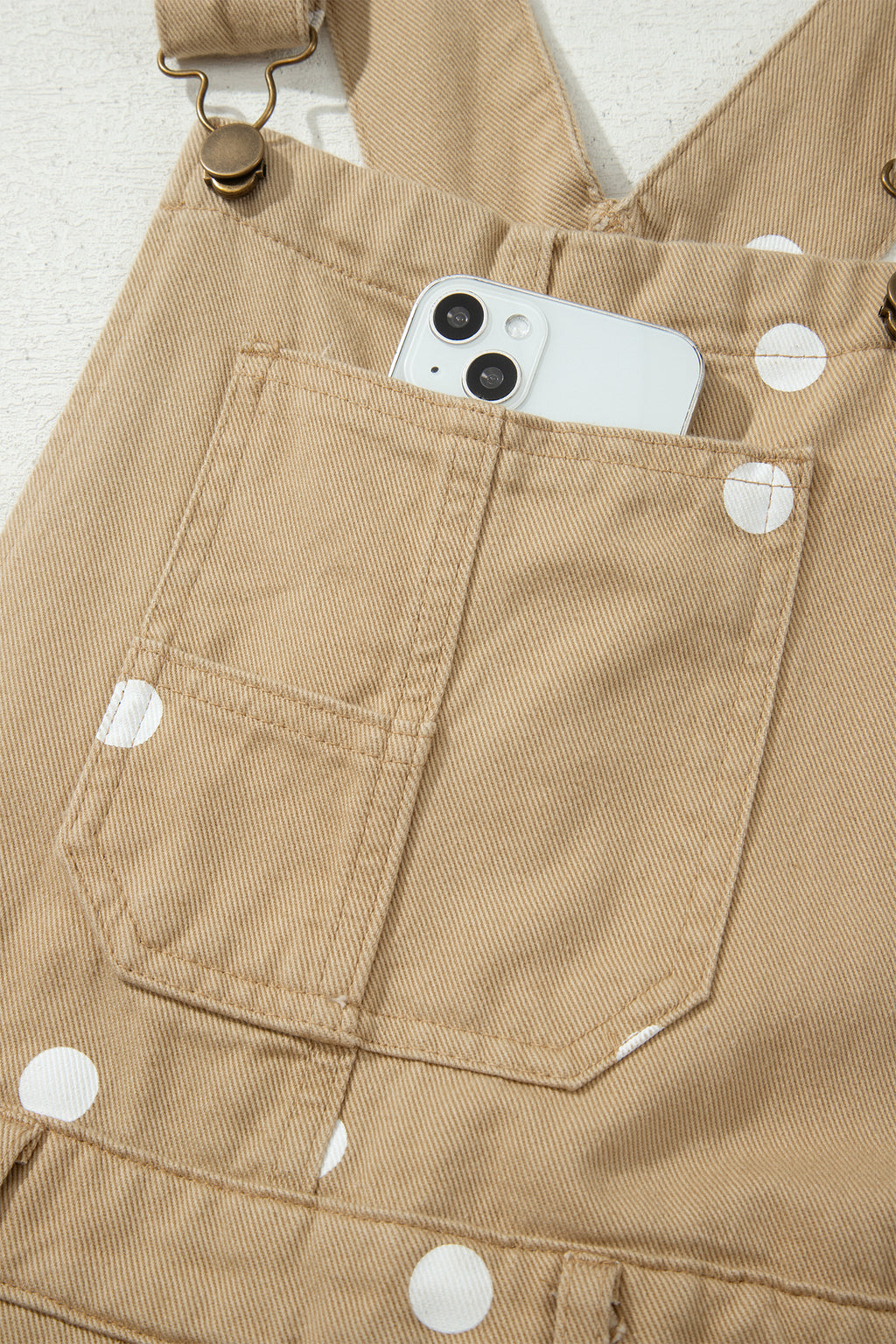 Light French Beige Polka Dot Print Bib Pocket Denim Barrel Overalls Jumpsuit SALE