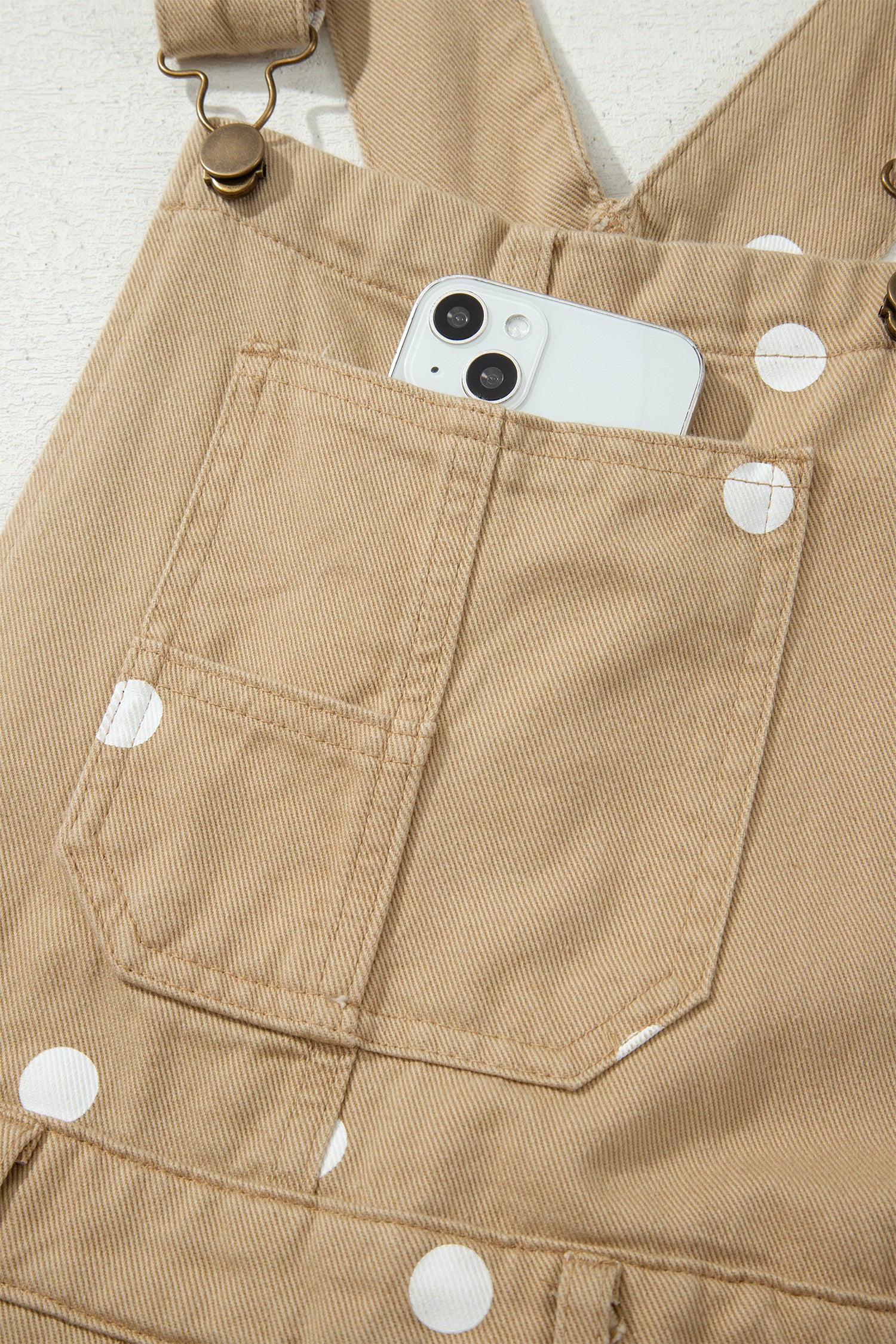 Light French Beige Polka Dot Print Bib Pocket Denim Barrel Overalls Jumpsuit SALE